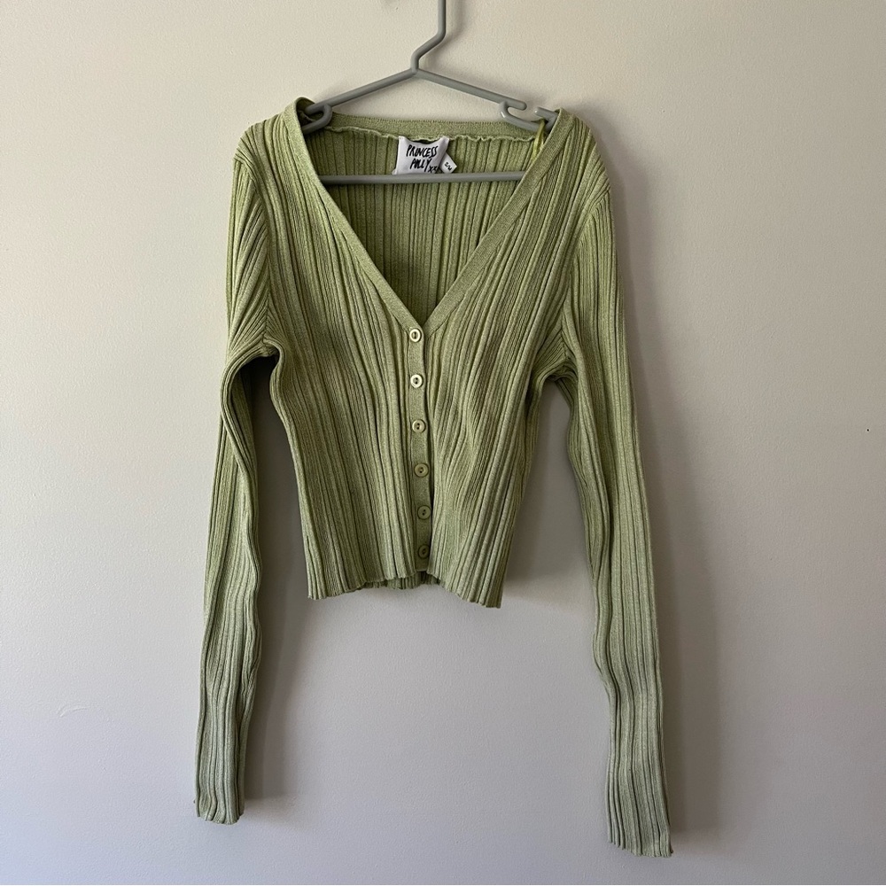 Princess Polly Sage Green Ribbed Button-Up Cardigan